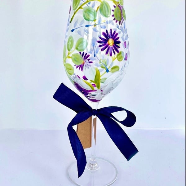 Hand Painted Wine Glass September Birth Flower Aster 
