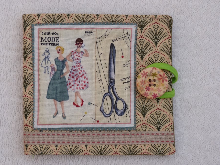 Sewing Needle Case with Sewing Pattern Panel. Green