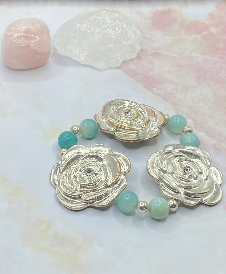 Upcycled silver plated copper rose bracelet with amazonite stones 