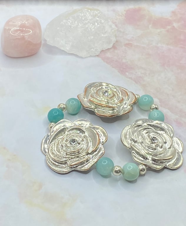 Upcycled silver plated copper rose bracelet with amazonite stones 