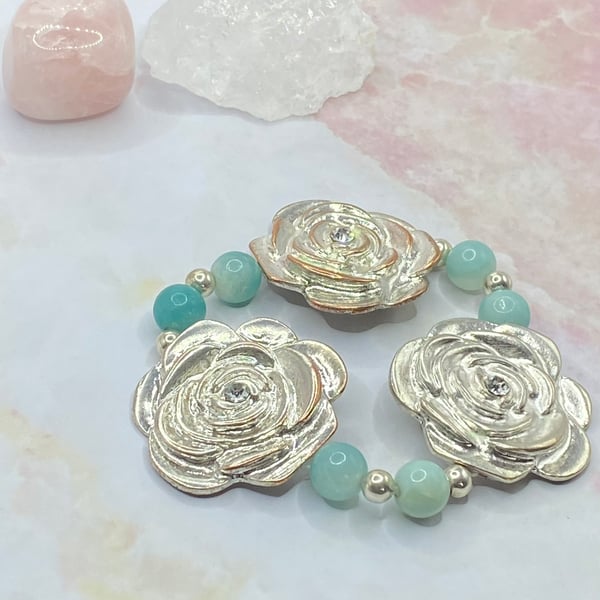 Upcycled silver plated copper rose bracelet with amazonite stones 