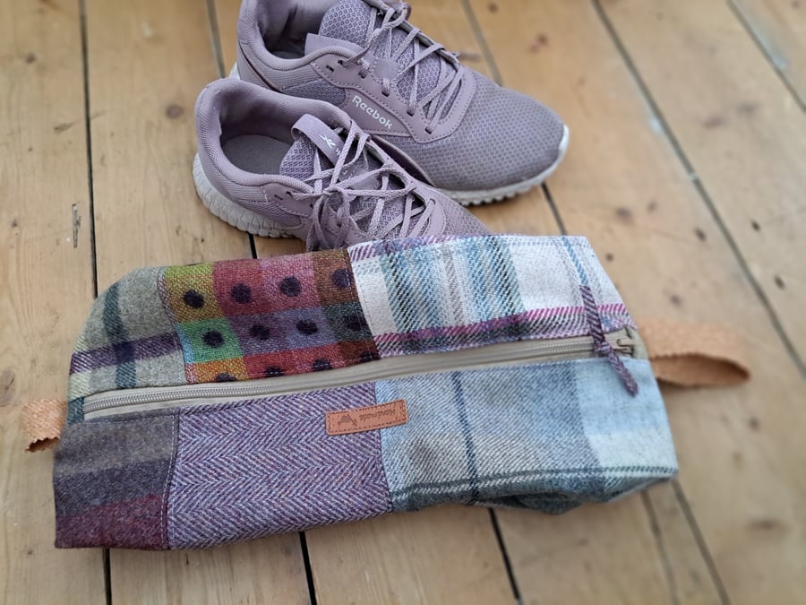 One of a kind patchwork wool shoe and gift bag