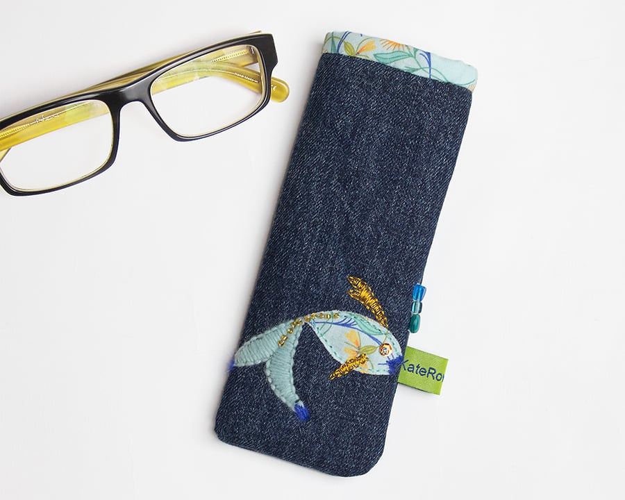 Blue denim glasses case with hand embroidered fish