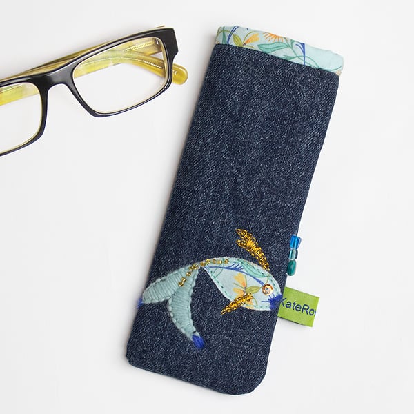 Blue denim glasses case with hand embroidered fish
