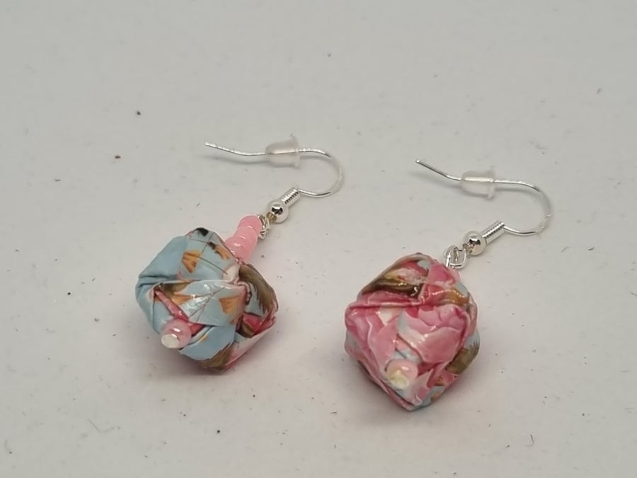 Origami earrings, pale blue and floral design paper