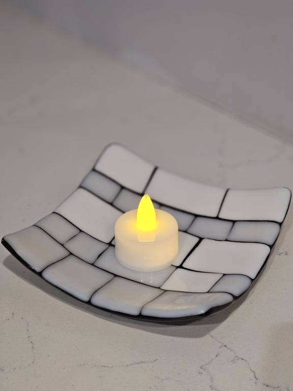 Hand made fused glass dish - white bricks