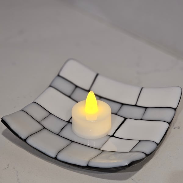 Fused Glass small  square decorative bowl - white bricks