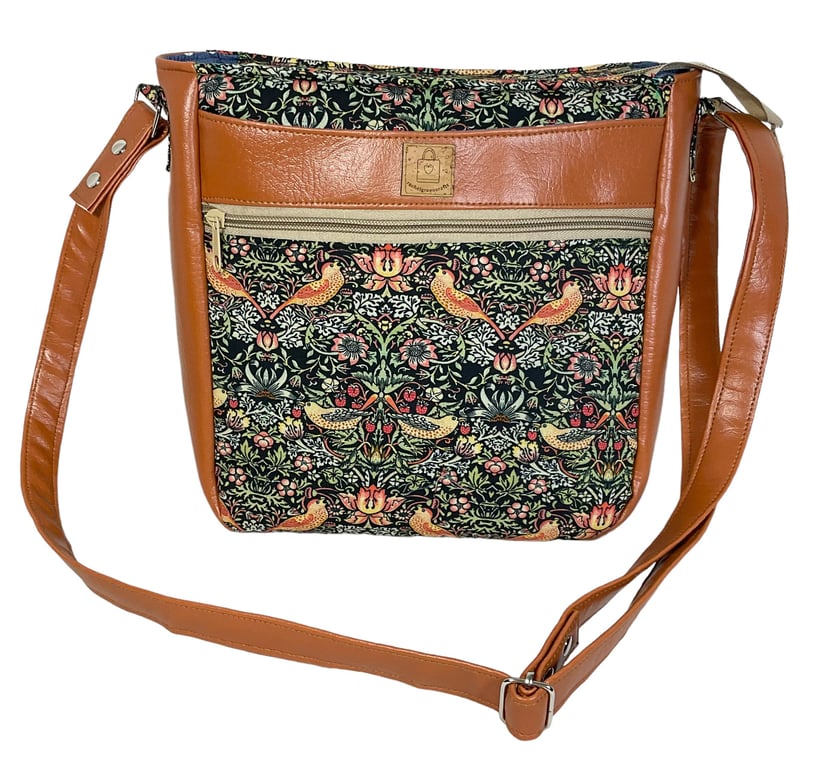 Handbag in faux leather and strawberry thief bird print, vegan ladies gift, cros