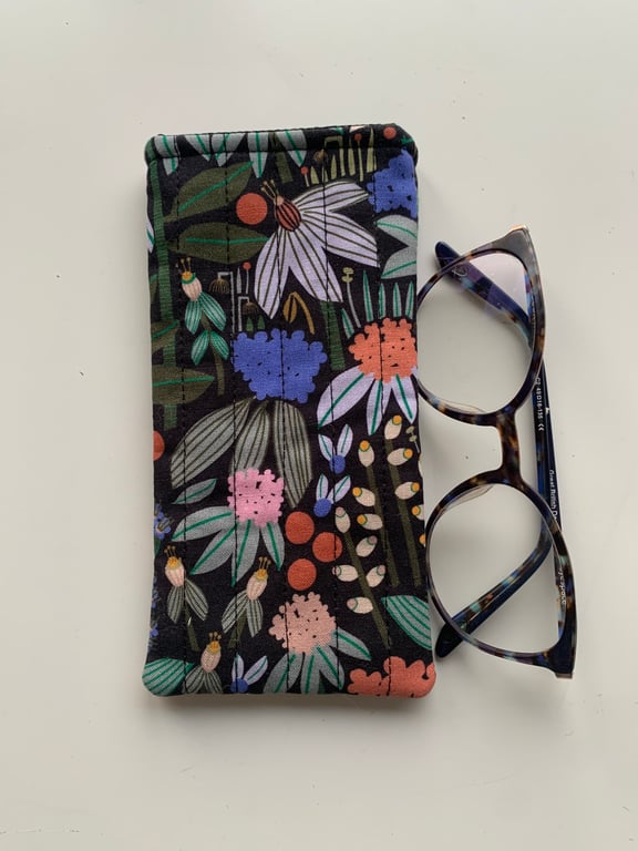 Garden Flowers and Creatures Quilted Fabric Glasses Case