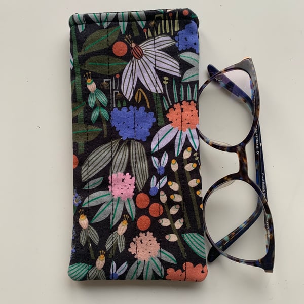 Garden Flowers and Creatures Quilted Fabric Glasses Case