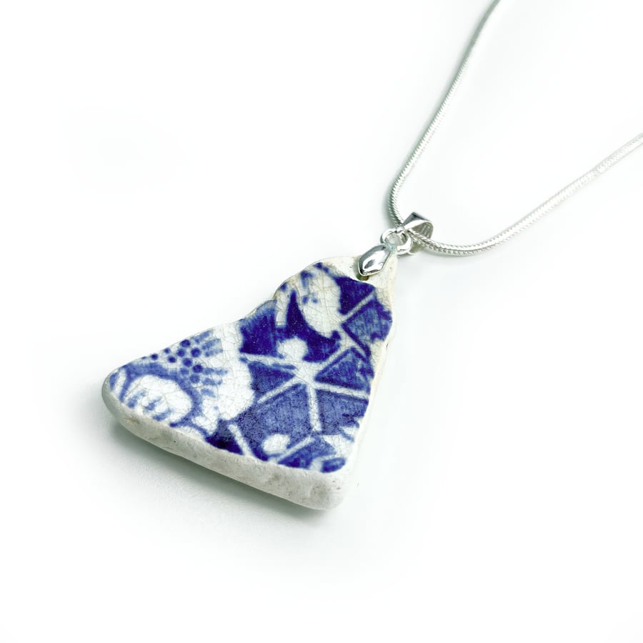 Beach Pottery Pendant - Blue Flowers. Antique Scottish Sea China Silver Necklace