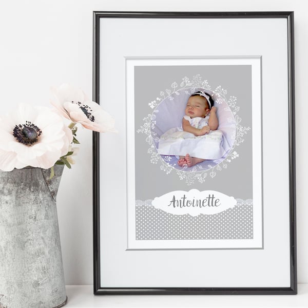 Lace Personalised Nursery Art Print, baby christening gift, nursery decor