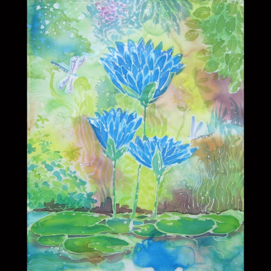 Sale! Blue Lotus Silk Painting Wall Hanging