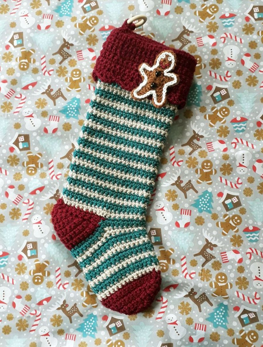 Gingerbread Man Christmas Stocking, Gold, Teal and Red Christmas Stocking
