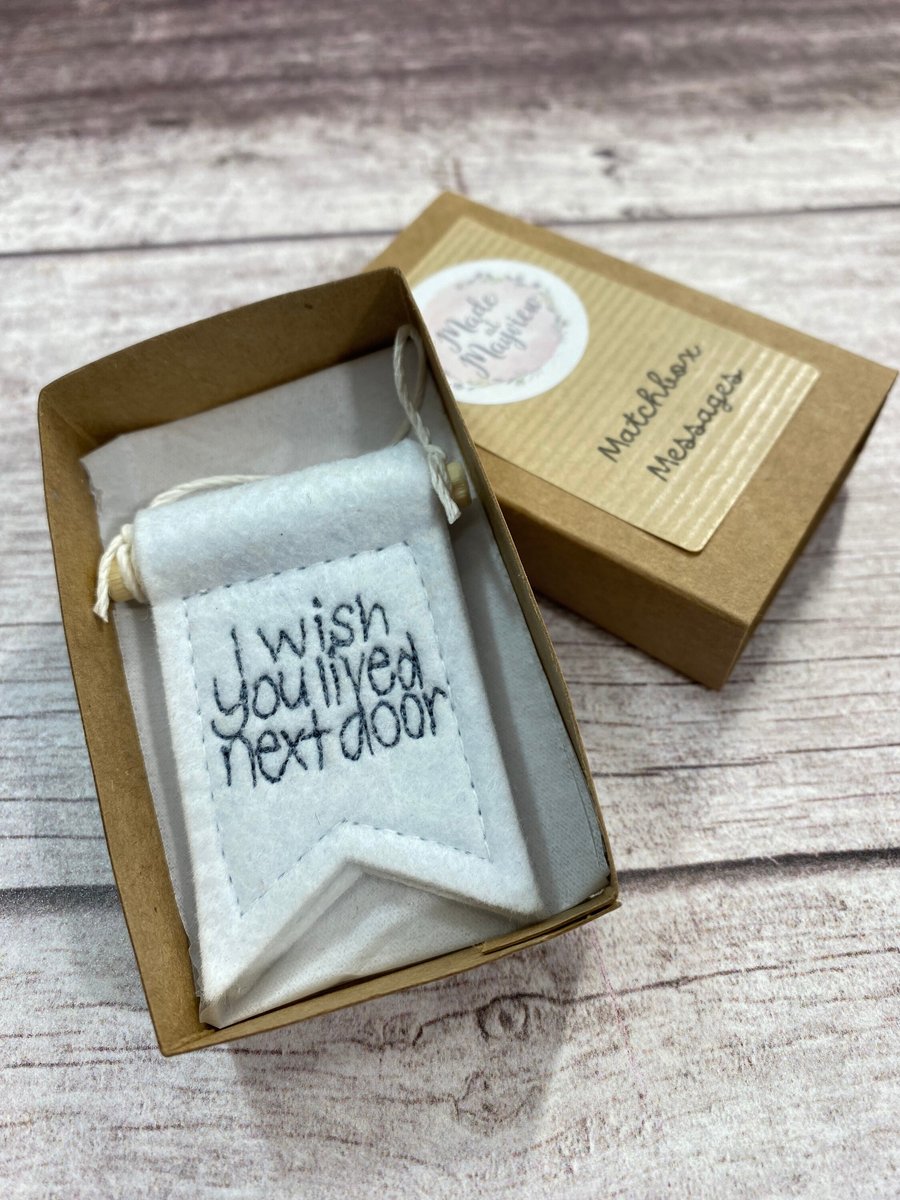 White Felt Freemotion Embroidered Matchbox Message Positive Affirmation Quote Ha