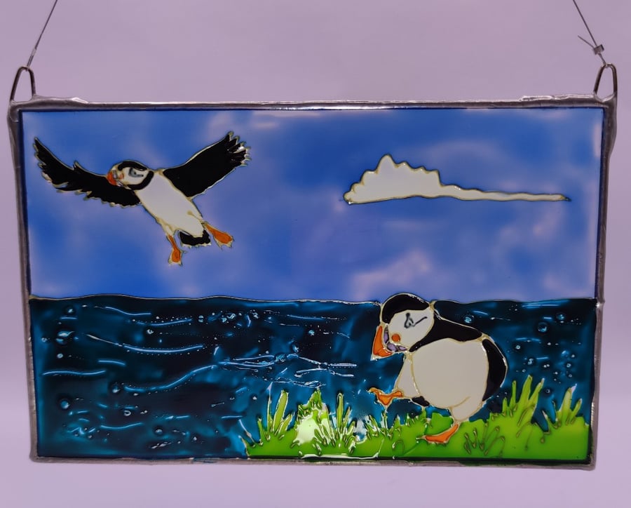 Handmade glass painted window hanging, puffins