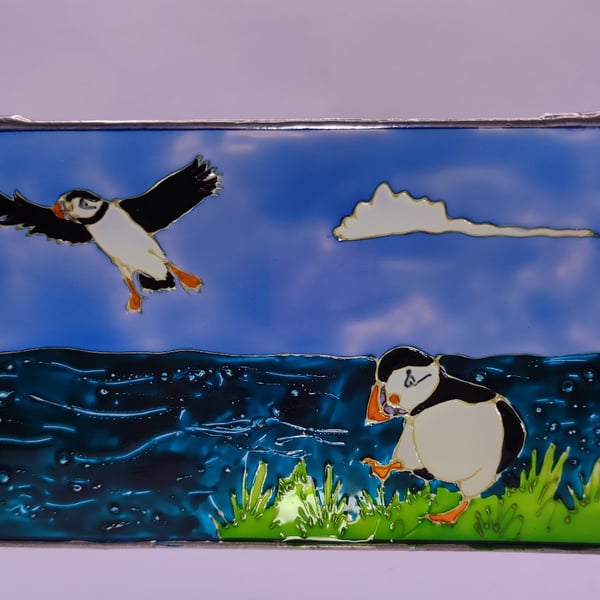 Handmade glass painted window hanging, puffins