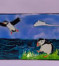 Handmade glass painted window hanging, puffins