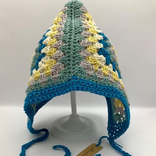 Granny Square Pixie Bonnet with Ties Egyptian Cotton Age 1-3 Years