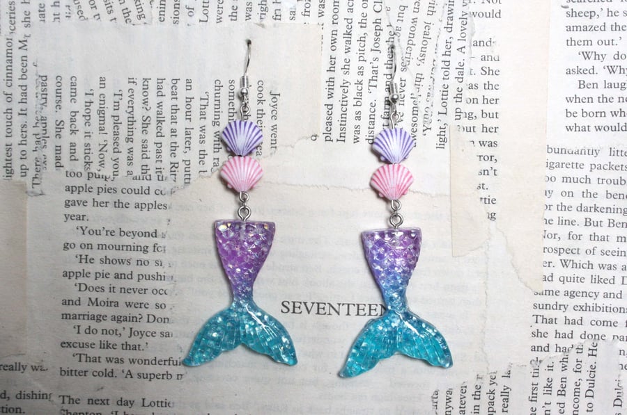 Mermaid Tail Pink and Purple Seashell Earrings