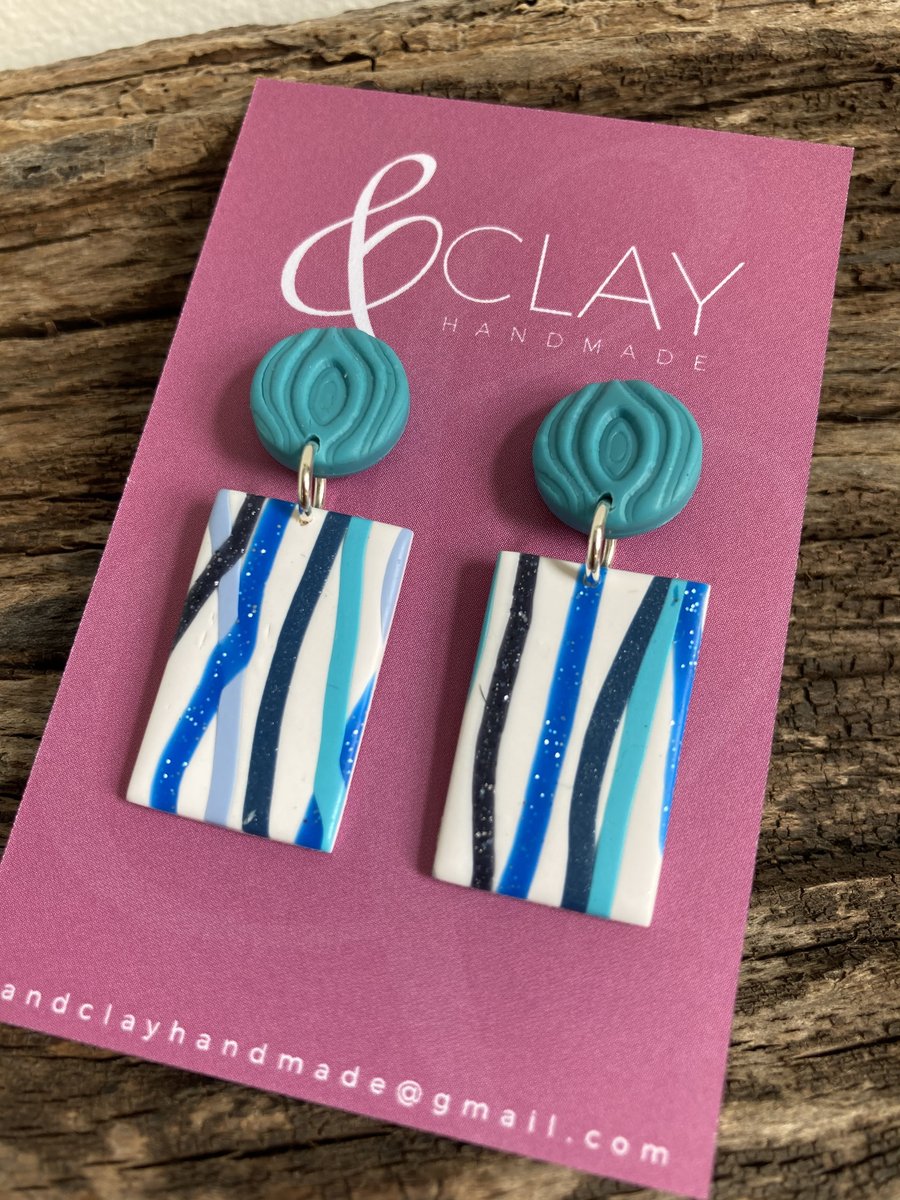 Blue Stripes Rectangular Stud Earring