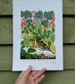 'Sharing our redcurrants with the Song Thrush' - linoprint - Image 3