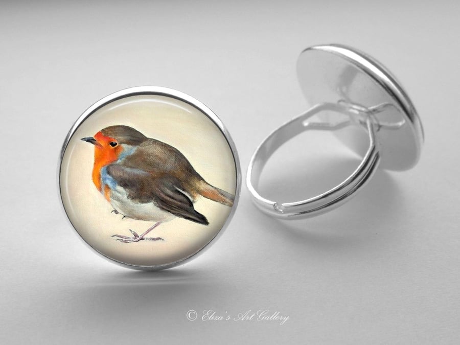 Silver Plated Robin Bird Art Glass Cabochon Ring