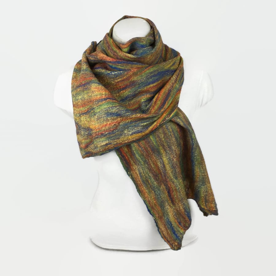 Rainbow  merino wool scarf nuno felted on yellow cotton gauze