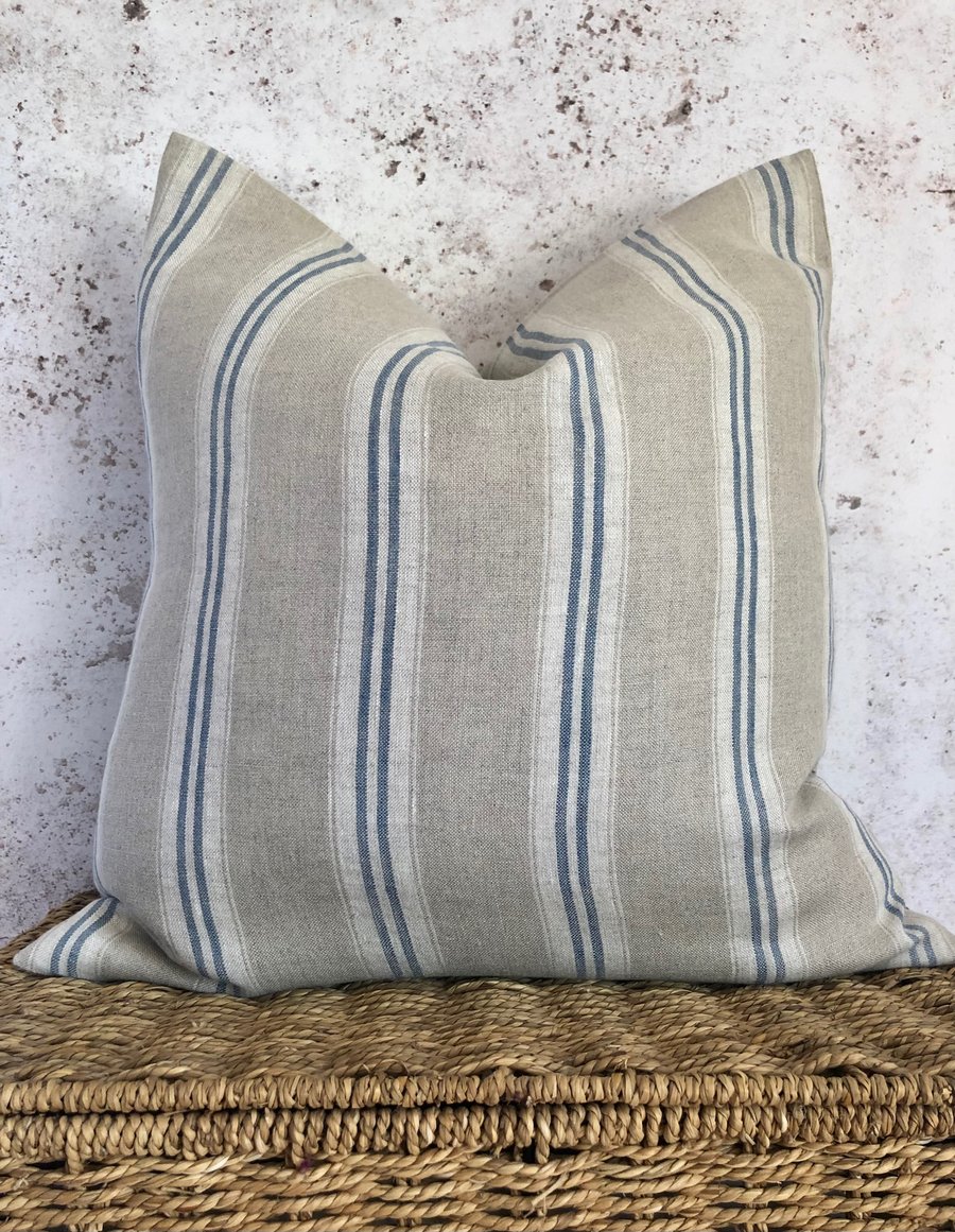 Blue Striped, Washed French Linen, Cushion Cover 16” x 16”