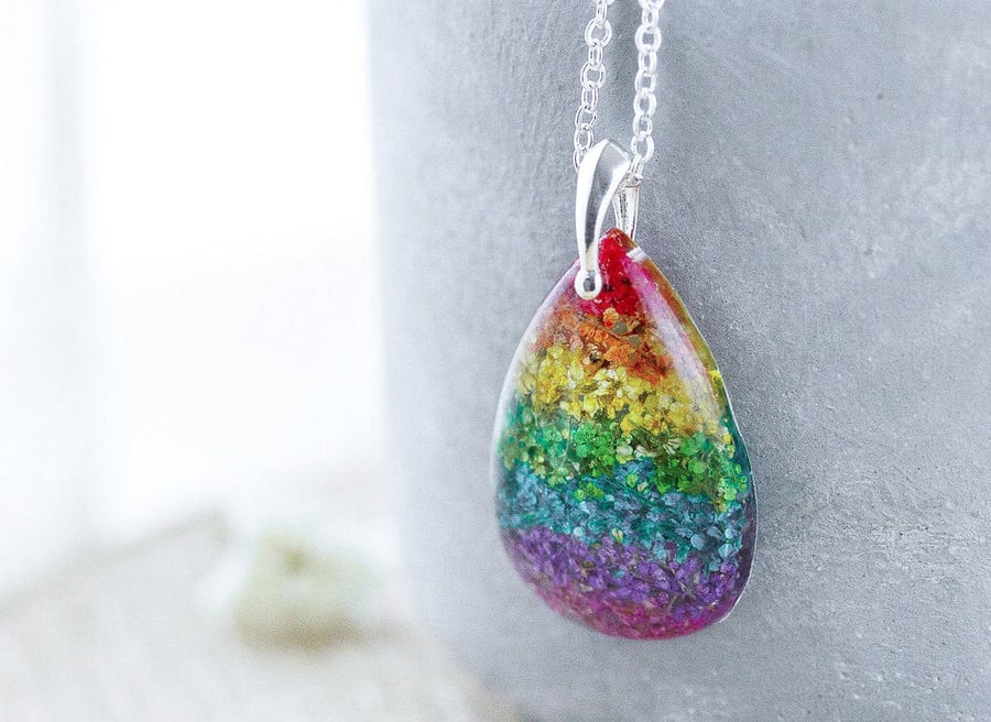 Real Flower Rainbow Necklace Teardrop Botanical Jewellery Pressed Flower Necklac
