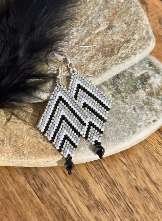 Black grey and silver beadwork diamond earrings 