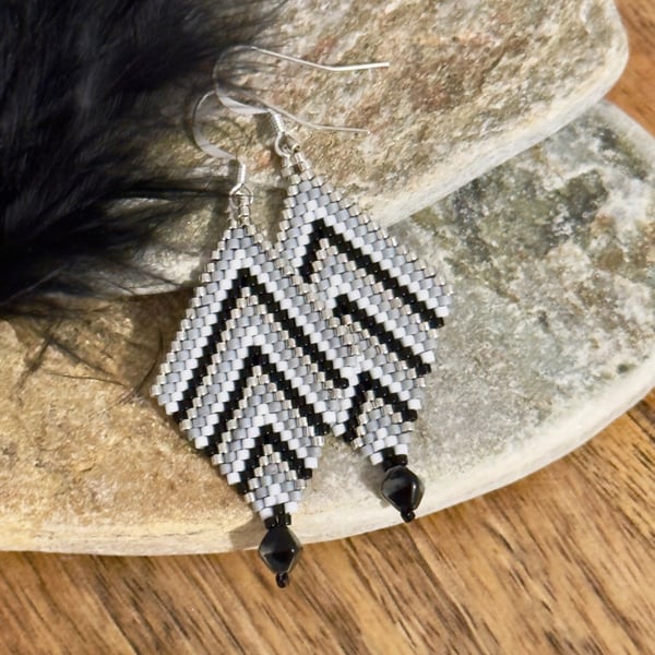 Black grey and silver beadwork diamond earrings 