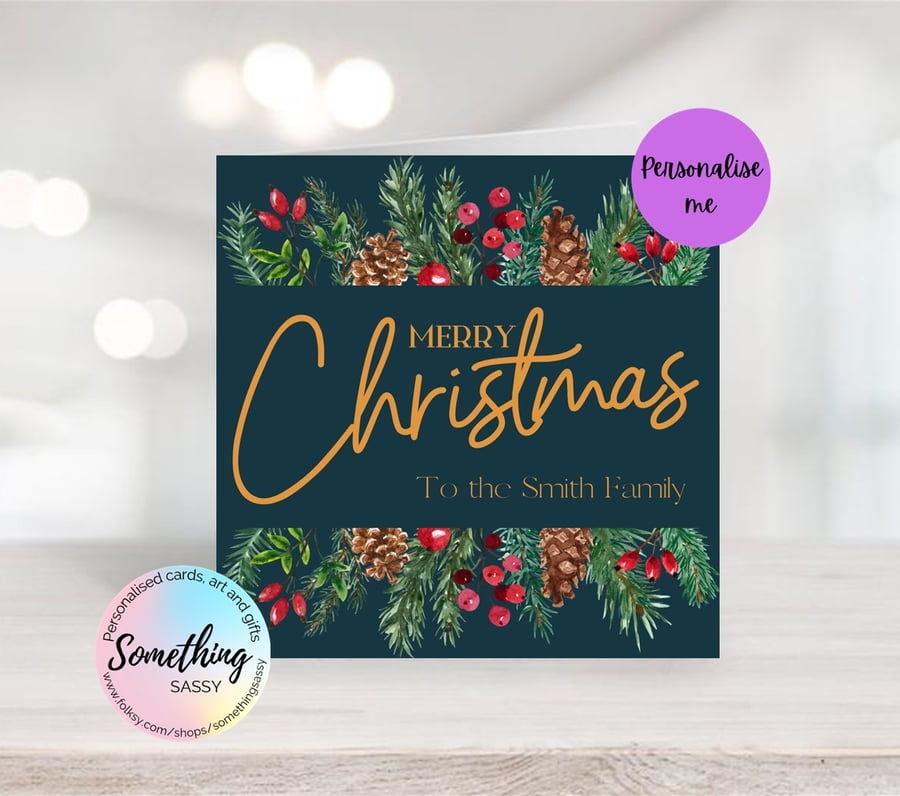 Personalised Holly & Berries Christmas Card 