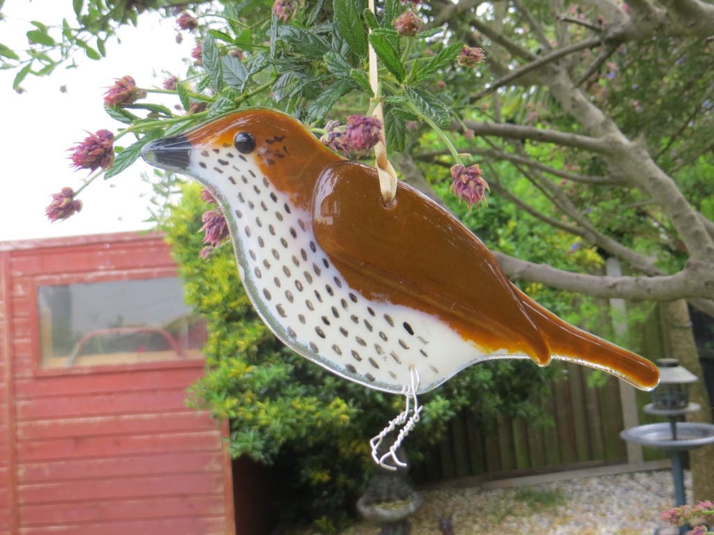 Fused Glass Song Thrush Garden Bird Ornament, British Wildlife