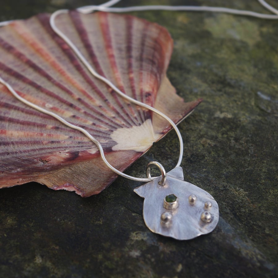 Silver Shell Necklace with Peridot and Silver Barnacles
