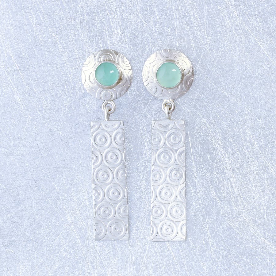 Handmade satin silver stud drop earrings featuring Aqua Chalcedony gemstones