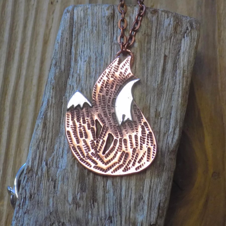 Copper and silver mixed metals sitting red fox pendant