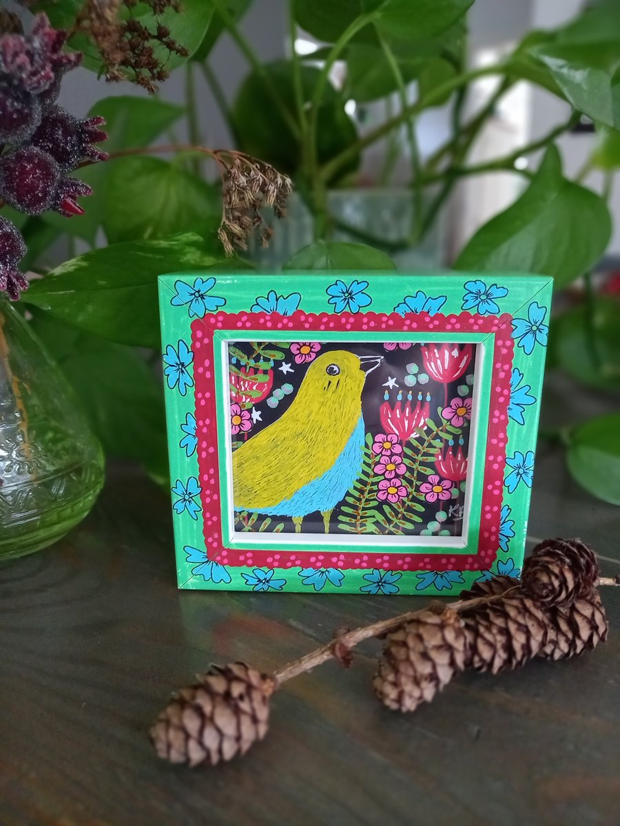 Original bird art, whimsical bird, folk art, hand painted frame
