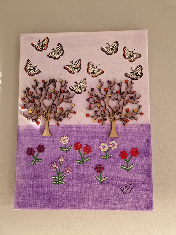 Trees,  flowers and butterflies. 