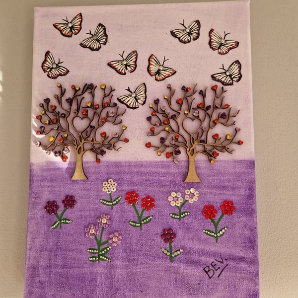 Trees,  flowers and butterflies. 