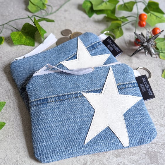 Denim Purse Pouch Purse, Pencil Case or Makeup Bag with White Star 