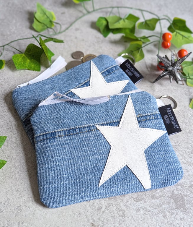 Denim Purse Pouch Purse, Pencil Case or Makeup Bag with White Star 