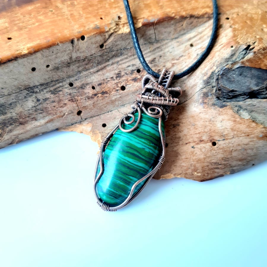 Malachite Copper Wire Wrapped Pendant, Gifts for Men and Women