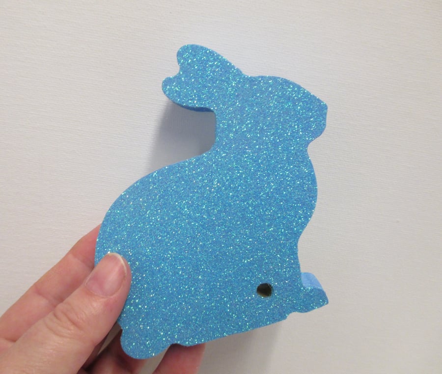 Bunny Rabbit Glittery Easter or Christmas Decoration Wooden Ornament Blue 