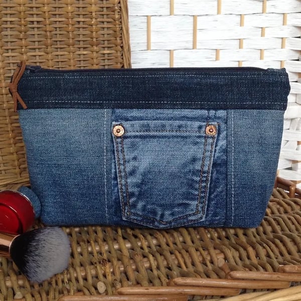 Zip pouch, recycled denim make up bag, craft bag 