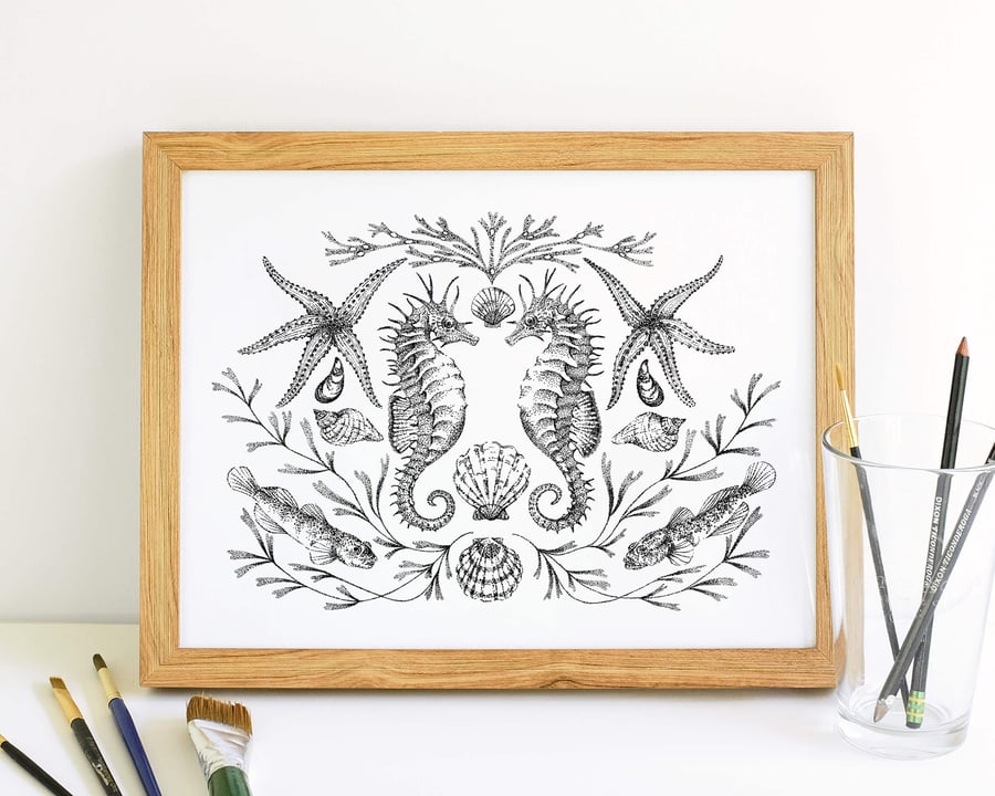 Coastal Symmetry - Seahorses: A4 Art Print