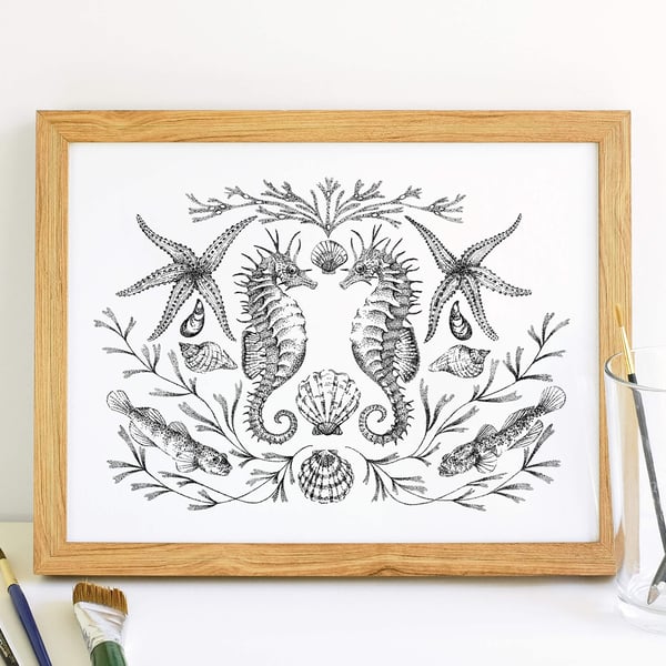 Coastal Symmetry - Seahorses: A4 Art Print