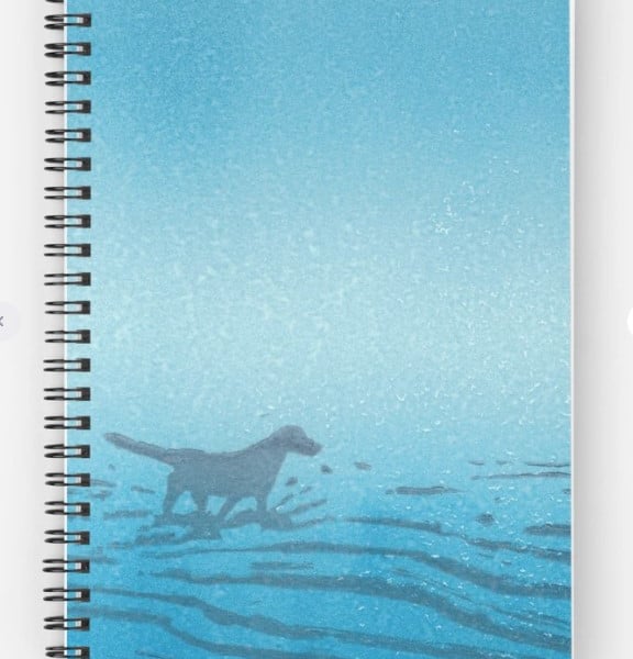 paddling dog, evening walk at the seashore lined A5 notebook jotter journal