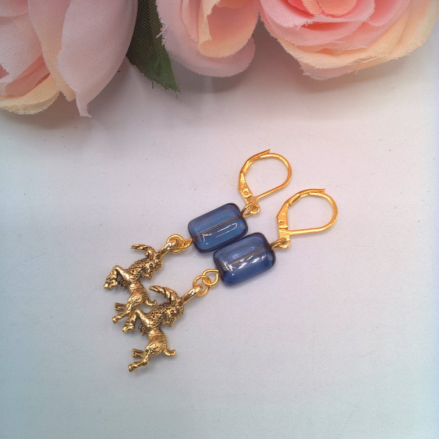 Earrings with a Navy Glass Bead and a Gold Plated Goat Charm, Gift for Her