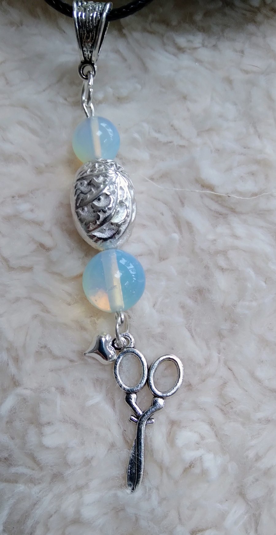 Blue Fire Opal and Tibetan silver scissors, heart charm pendant thong NECKLACE